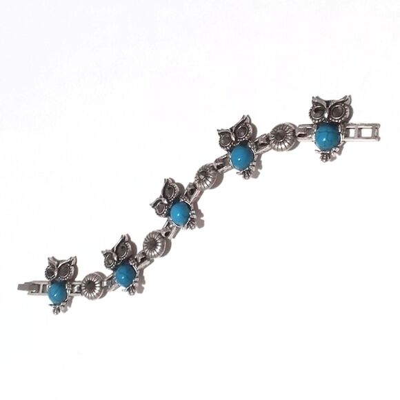 Vintage Silver Tone Owl Bracelet Faux Turquoise and Black Rhinestone - Picture 2 of 5